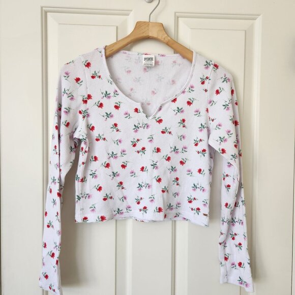 PINK Victoria's Secret Tops - Victoria's Secret PINK Floral Thermal Waffle Knit Long Sleeve Crop Top Coquette